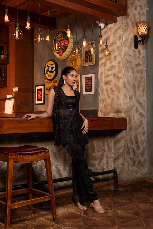 Dimensions Black Embellished Organza Jacket Set