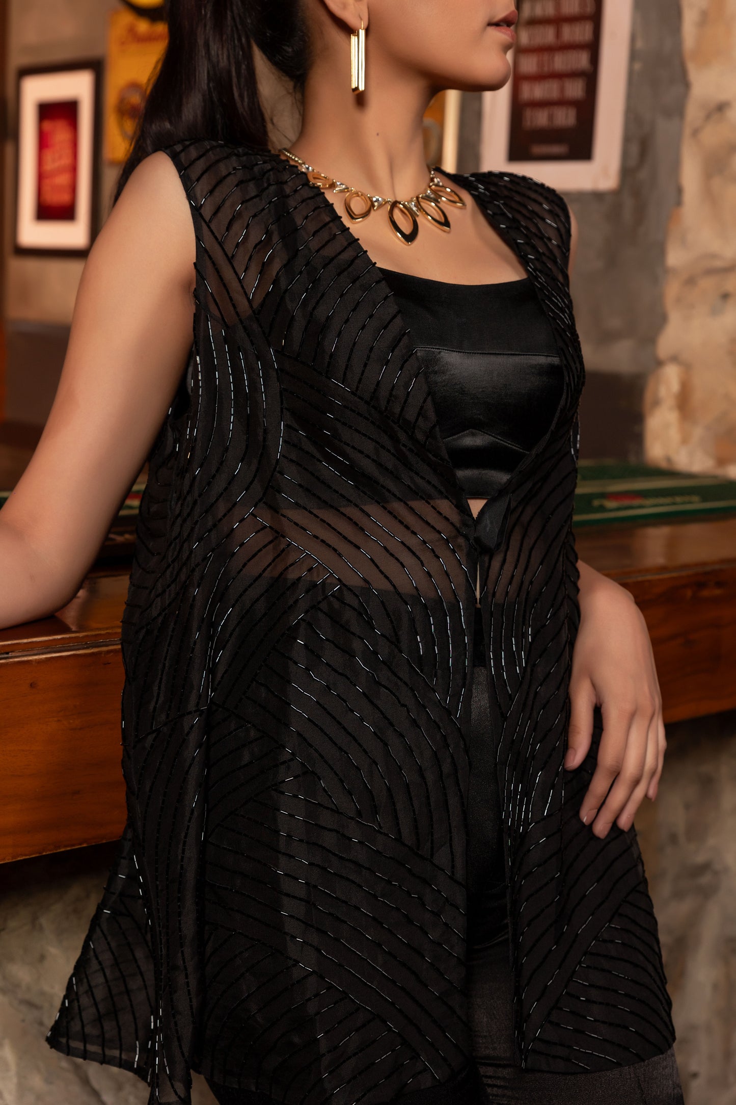Dimensions Black Embellished Organza Jacket Set